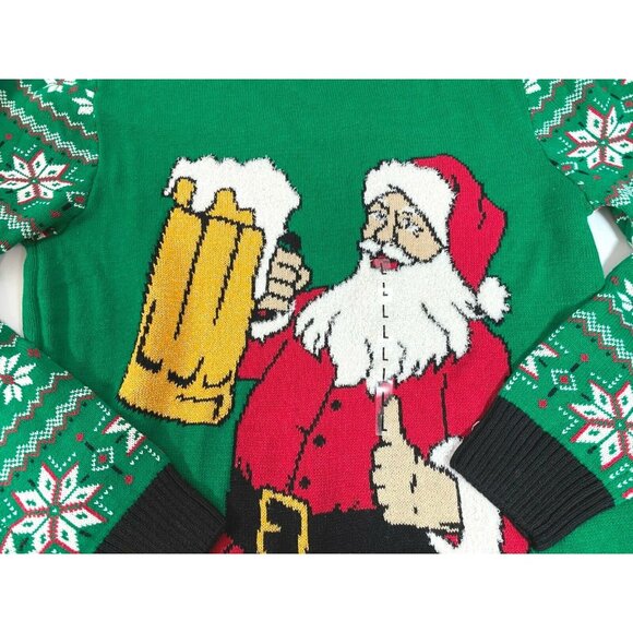 Beer Drinking Santa Ugly Christmas Sweater Mens Size Large NWT Green Snowflakes - Picture 8 of 9